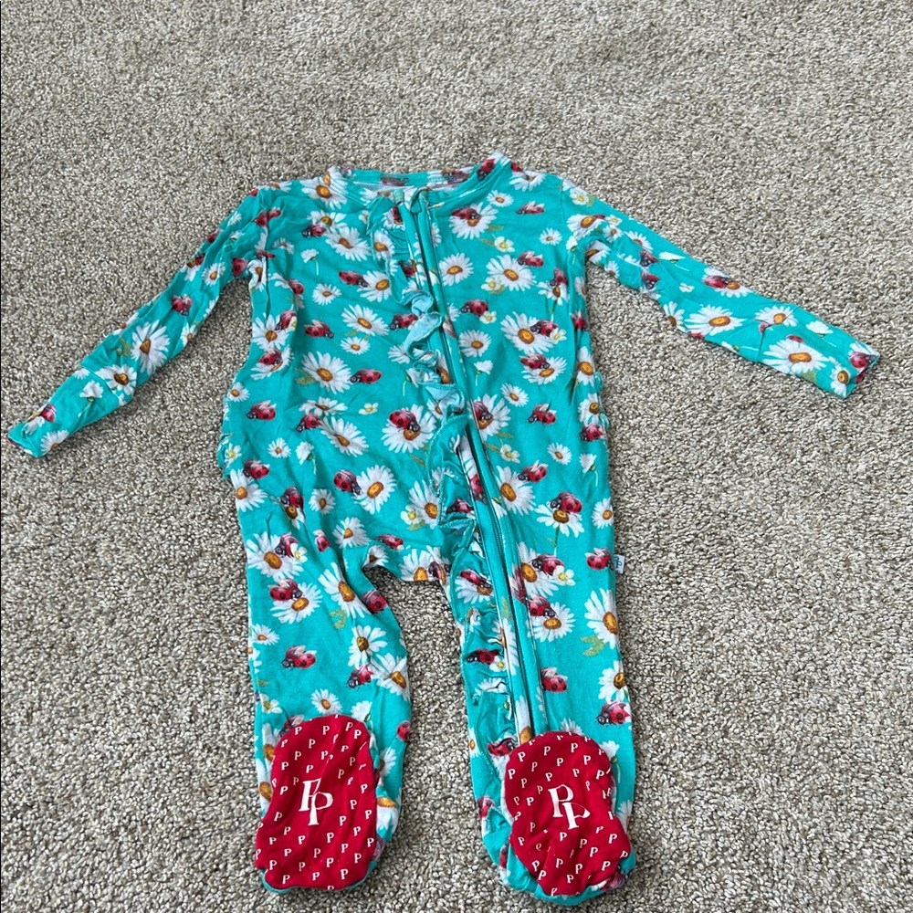 Posh Peanut Teal Floral Kids Footie Double Zipper